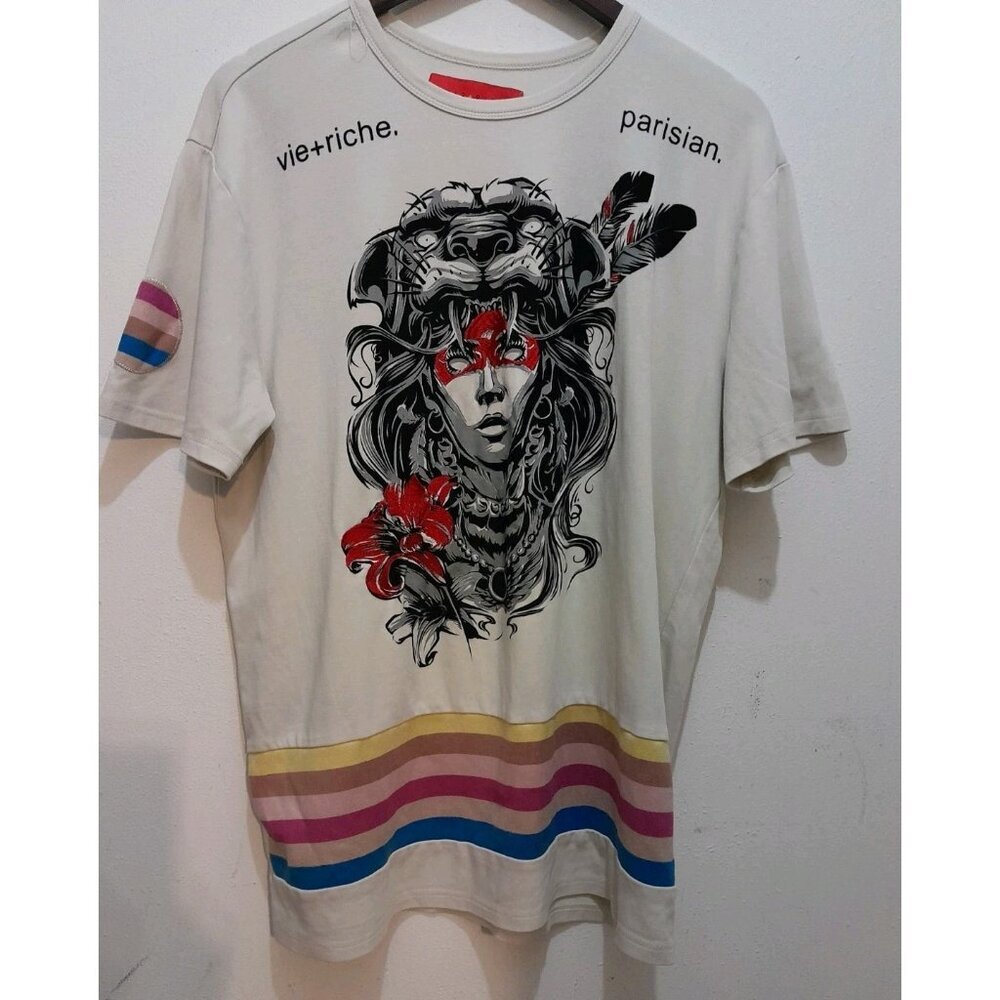 Vie+Riche Mens Gothic Warrior Queen Embroidered Suede Striped T Shirt Size L